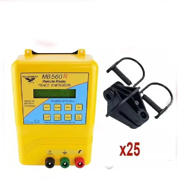 50km Mains Battery Energiser MB530 with Steel Post Pinlock Insulators - Thunderbird