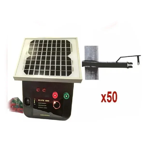 8km Solar Energiser Eclipse 8000 Electric Fence - Thunderbird with Steel Post Offset Insulators