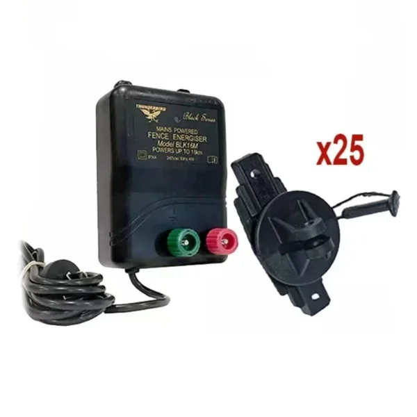 M120BLK Mains Electric Fence Energiser with Wood Post Pin Lock Insulators