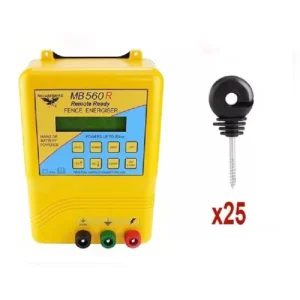 Powered Electric Fence Energiser with Wood Post Screw-In Insulators - Thunderbird