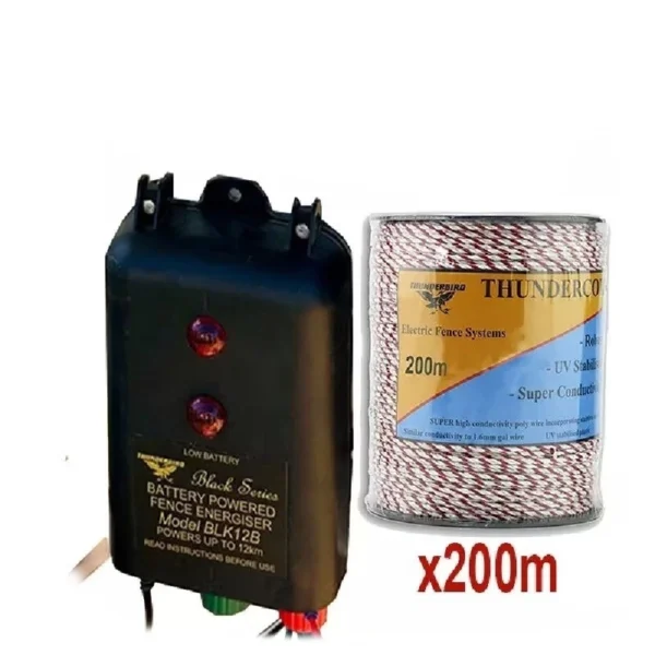 Thunderbird B120 12km Battery Electric Fence Energiser with 200m High Conduction Thundercord