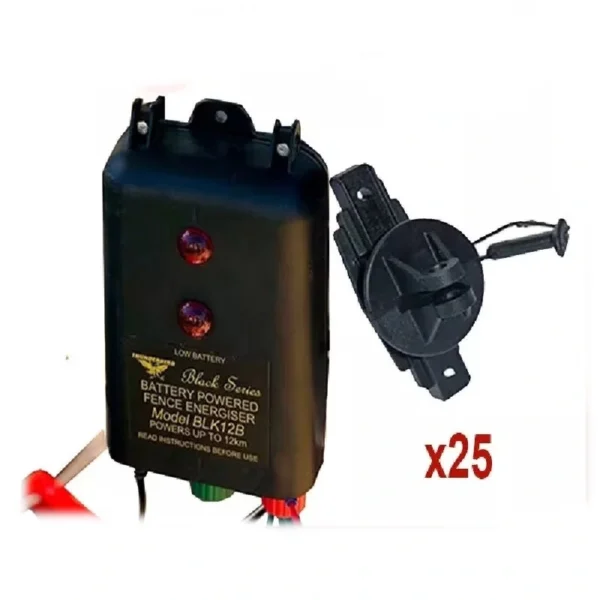Thunderbird B120 Battery Electric Fence Energiser with 25x Wood Post Pinlock Insulators